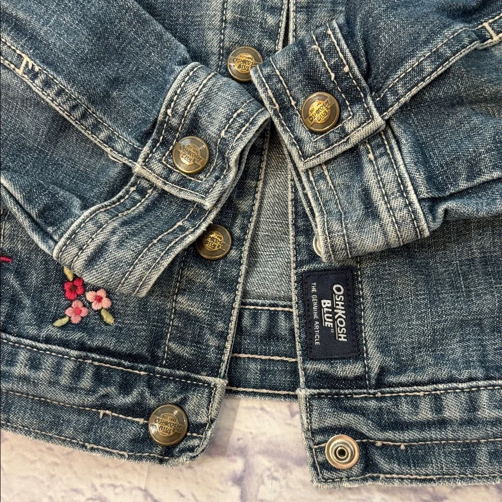 Oshkosh Girls Denim Jean Jacket Pink Floral Embroidery Button Front Girls Size 5